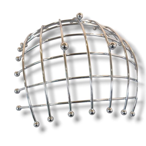 MCM Chrome Fruit Bowl Silver Ball Feet Atomic Grid Curve Basket 12x12 MidCentury - Picture 5 of 7